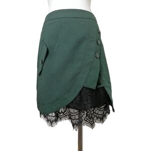 🦎 Green Checkered Asymmetric Skirt with Lace Trim